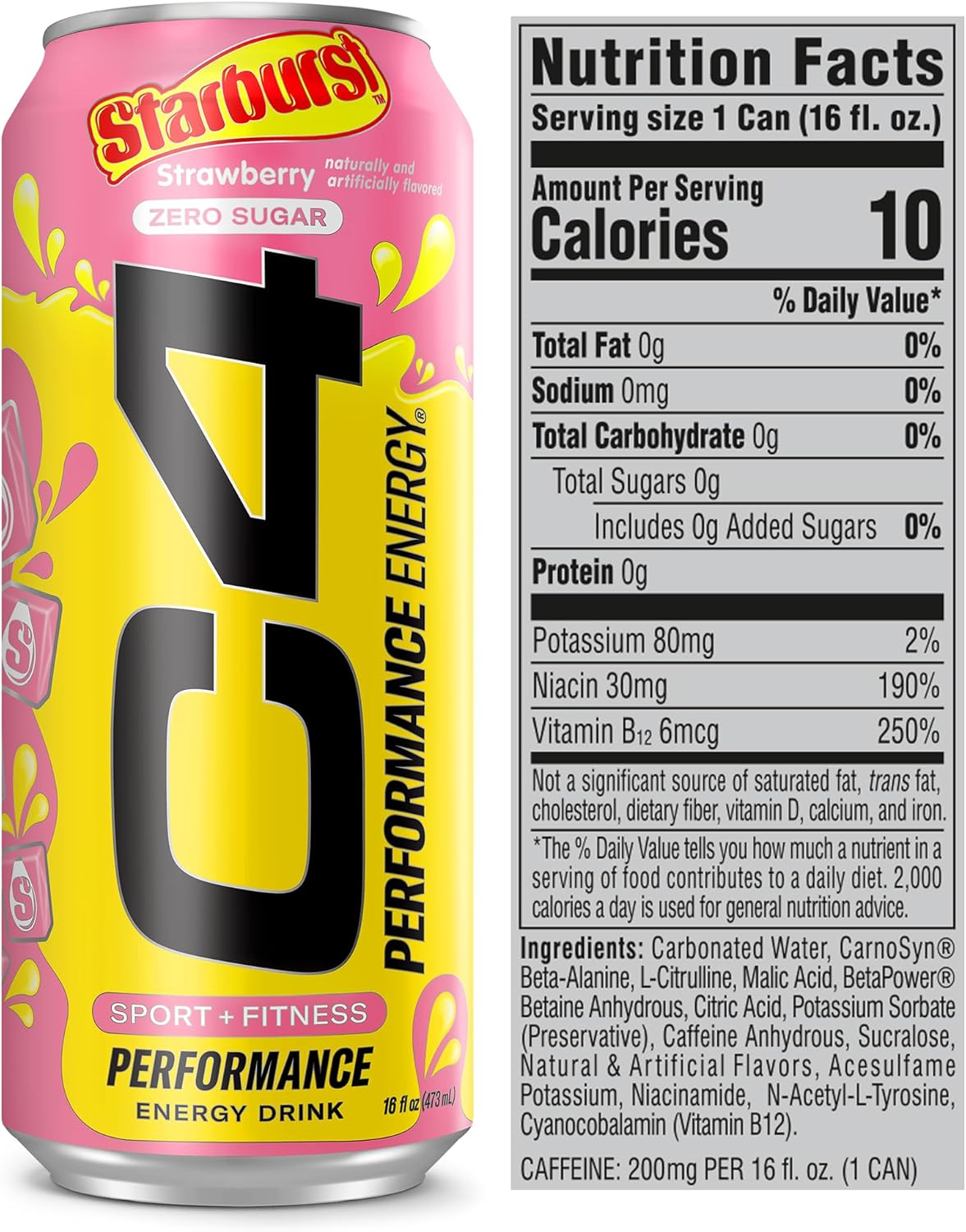 Cellucor C4 Performance Energy Drink | STARBURST Strawberry | Zero Sugar Carbonated Preworkout Energy | 200mg Caffeine with Beta Alanine | 16 Fl Oz (12 Pack)